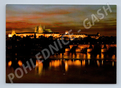 Postcard Prague Castle and Charles Bridge at night large format (M7908)