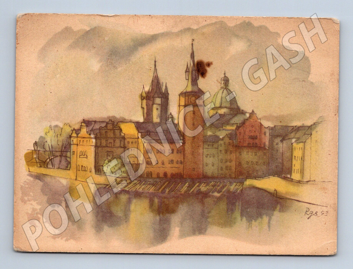 Postcard Prague Old Town Mills watercolor until 1950 (M7935)