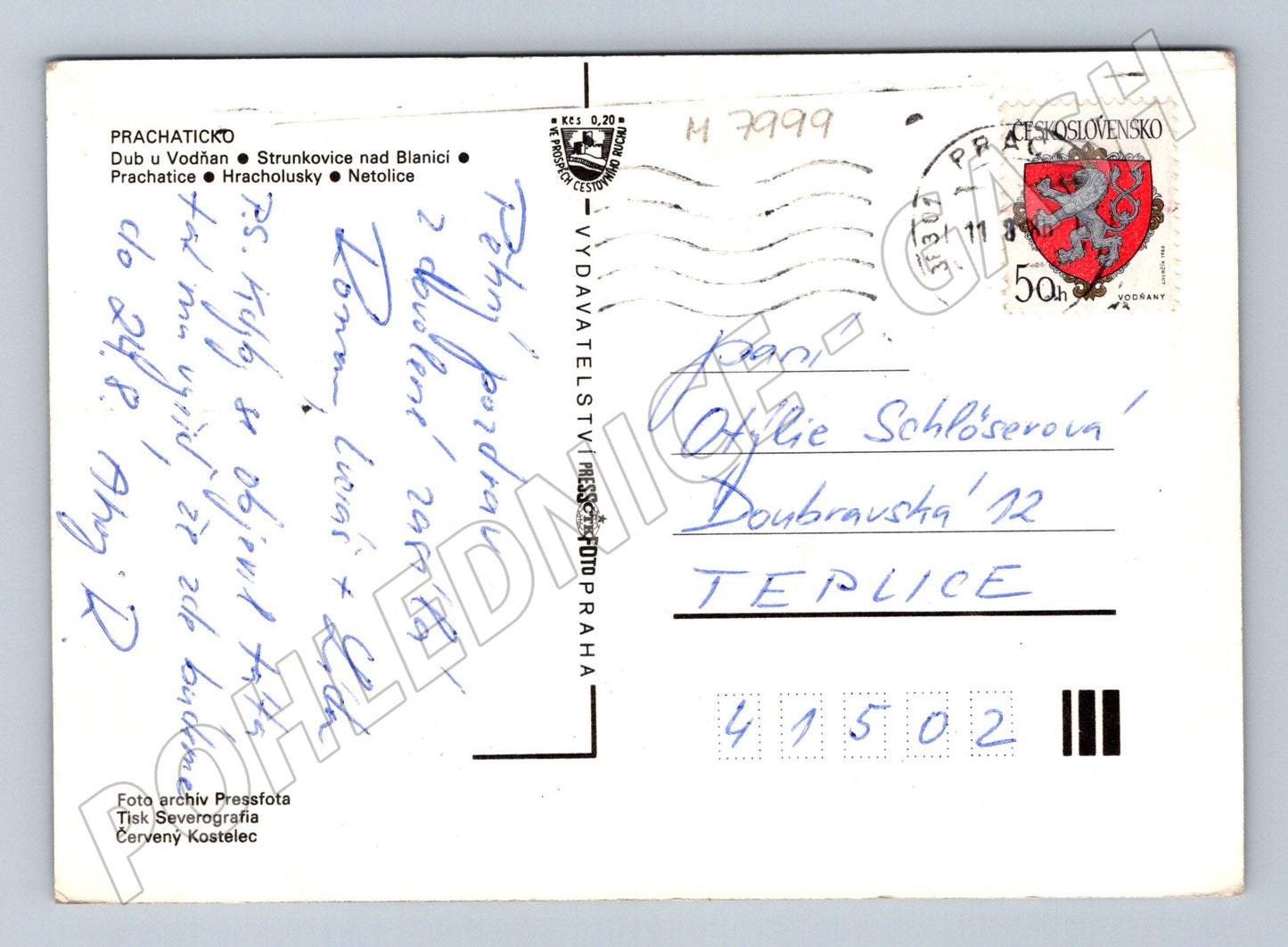 Postcard Prachaticko collage of places, used 1986 (M7999)