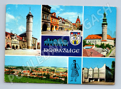 Postcard Domažlice collage of monuments used Czechoslovakia (M8004)