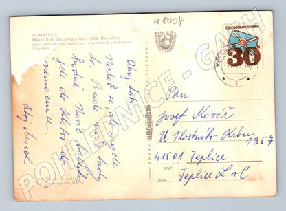 Postcard Domažlice collage of monuments used Czechoslovakia (M8004)
