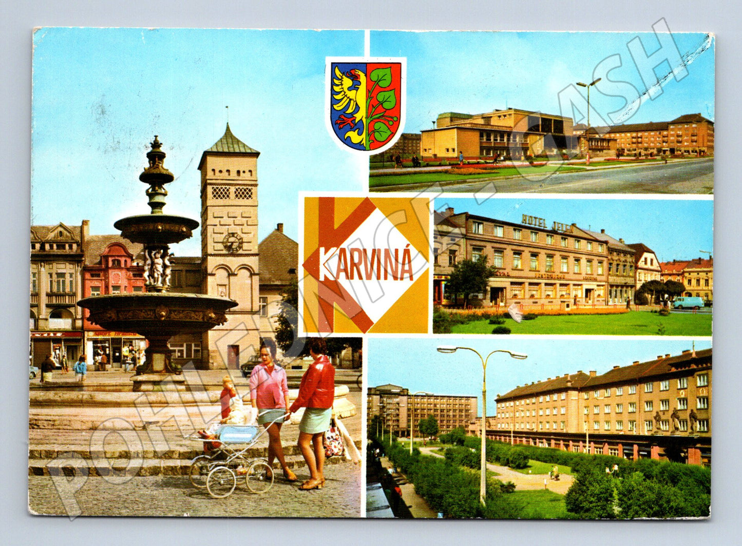Postcard Karviná multi-view of the town hall square Hotel Jelen (M8041)
