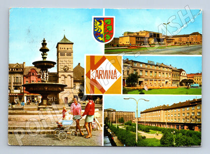 Postcard Karviná multi-view of the town hall square Hotel Jelen (M8041)