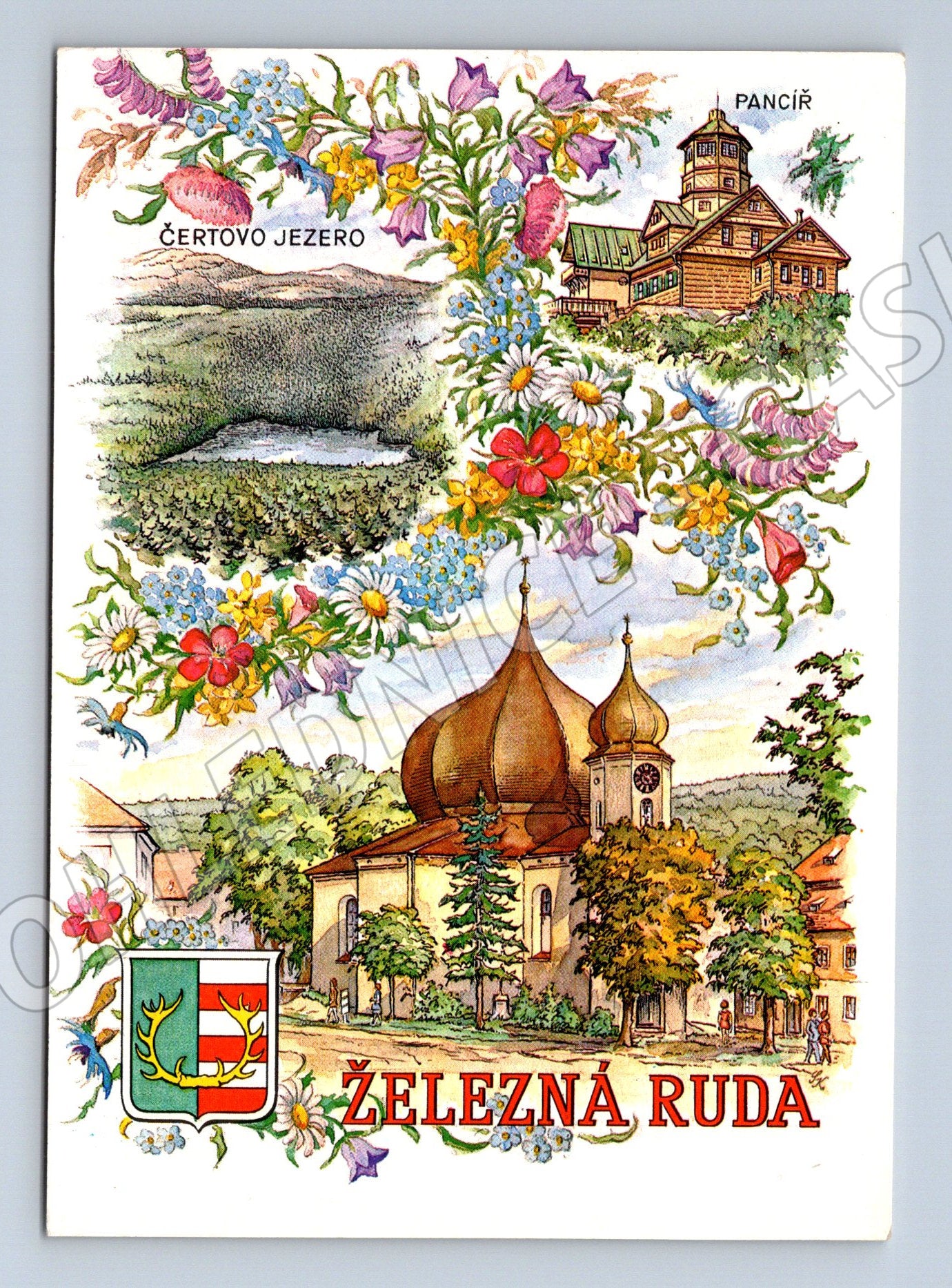 Pohlednice Železná Ruda ilustrovaná Šumava kresba Slavík (M8307)