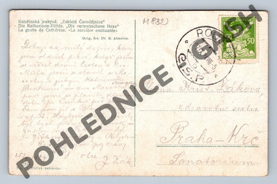 Pohlednice Kateřinská jeskyně 1924 (M832)