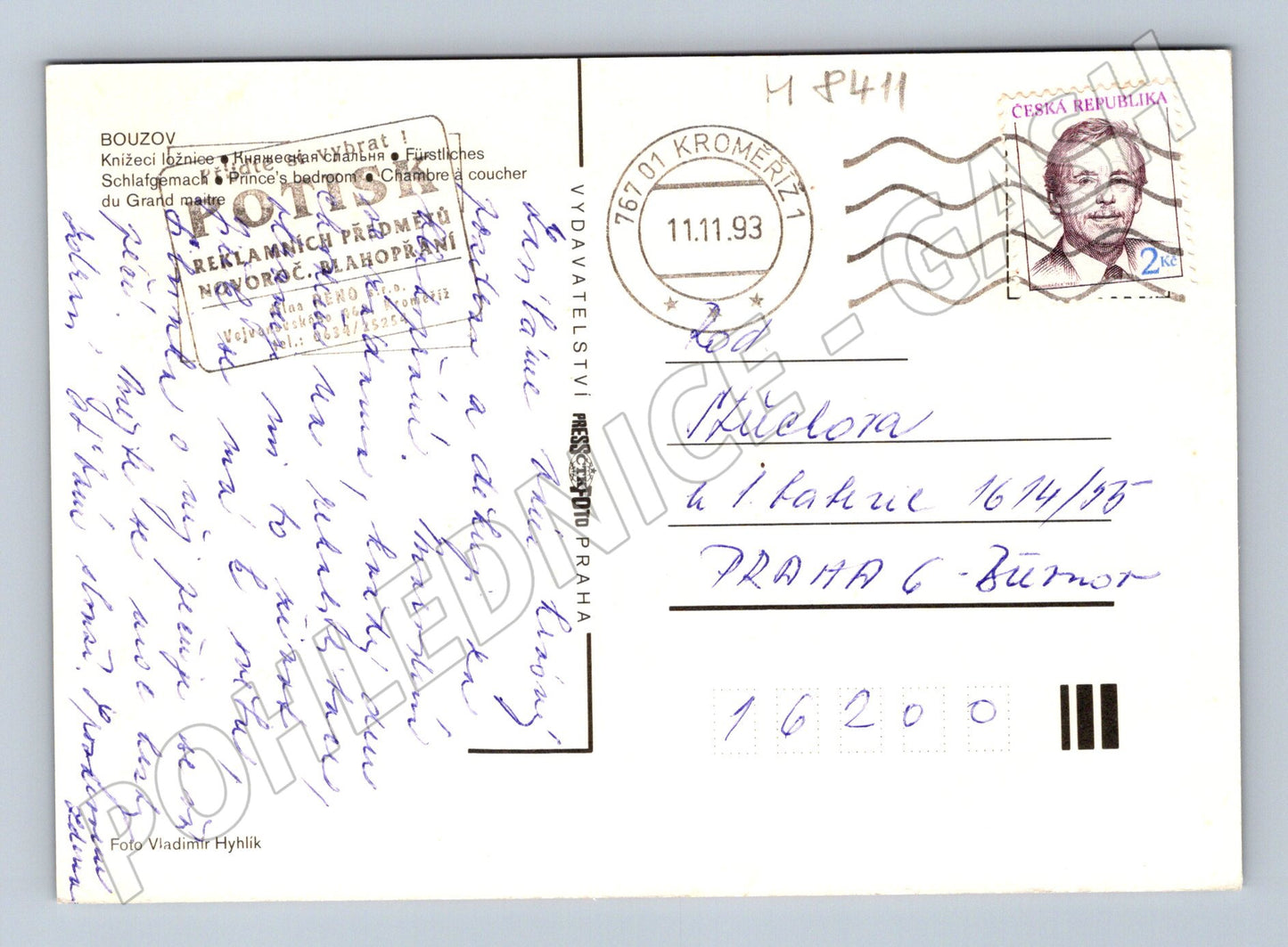 Pohlednice Bouzov knížecí ložnice odeslaná 1993 (M8411)