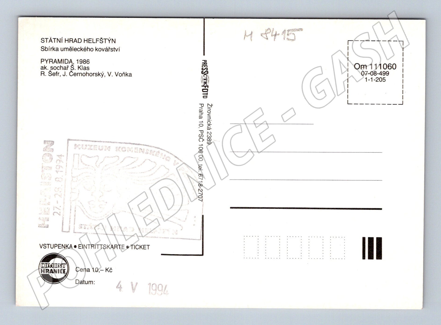 Pohlednice Helfštýn hrad Pyramida 1986 vstupenka pohlednice (M8415)