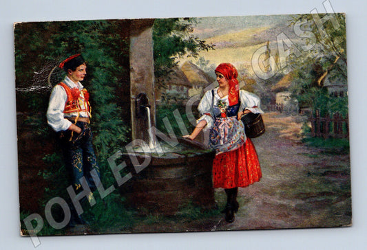 Pohlednice Lidové kroje u studny 1900 etnografie (M8480)