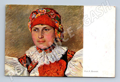 Pohlednice Prof F Šindelář dívka v kroji 1913 etnografie (M8481)