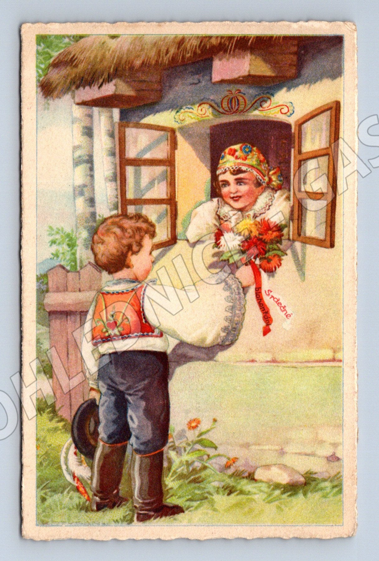 Pohlednice Folklórní pár u okna krojovaná dvojice HYPAV (M8497)