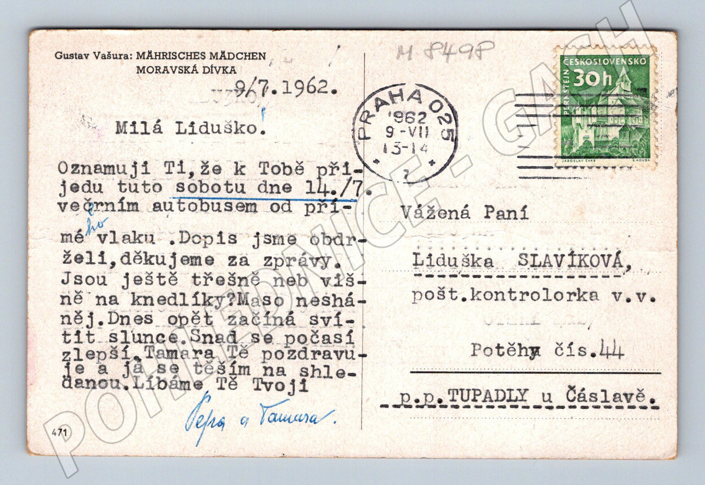 Pohlednice Moravská dívka v kroji 1962 etnografie (M8498)