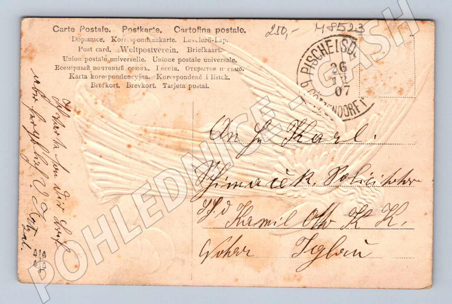 Vánoční anděl reliéf Fröhliche Weihnachten 1907 (M8523)