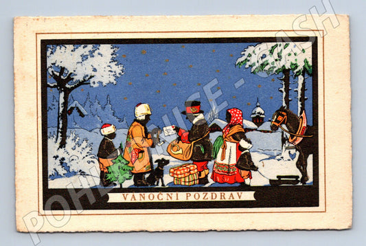 Vánoční pozdrav 1935 kroje zimní krajina (M8528)