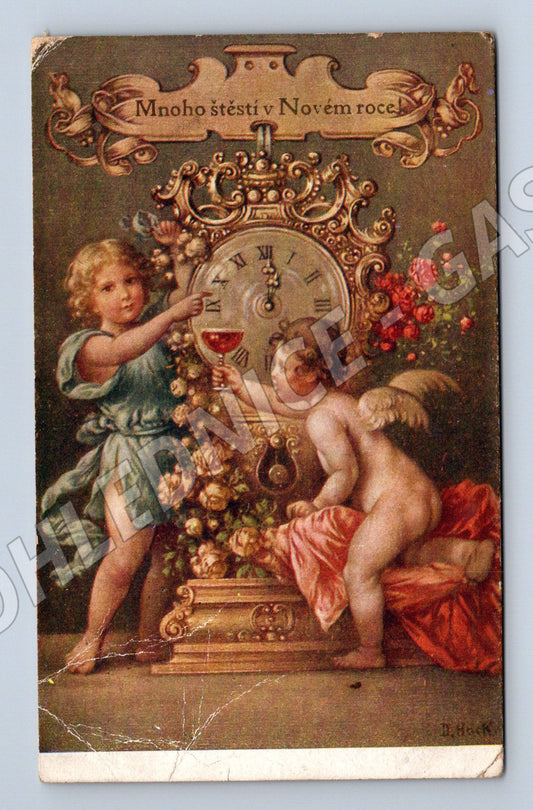 Andílci u hodin česká novoroční pohlednice (M8529)