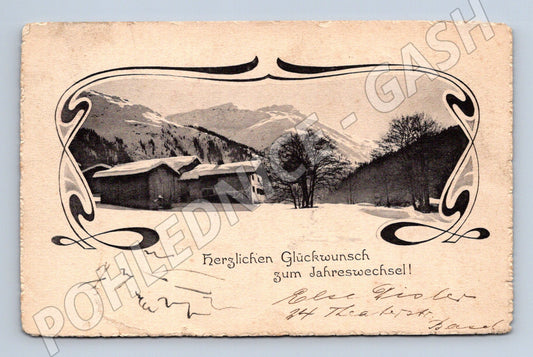 Secesní zimní pohled Švýcarsko blahopřání (M8537)