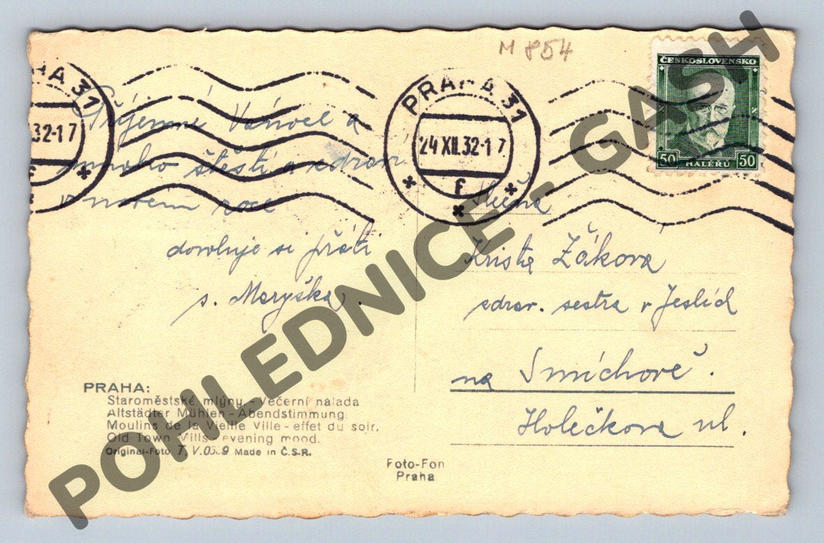 Pohlednice Praha Staroměstské mlýny večer 1932 (M854)