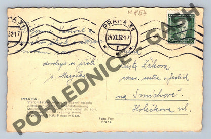 Pohlednice Praha Staroměstské mlýny večer 1932 (M854)
