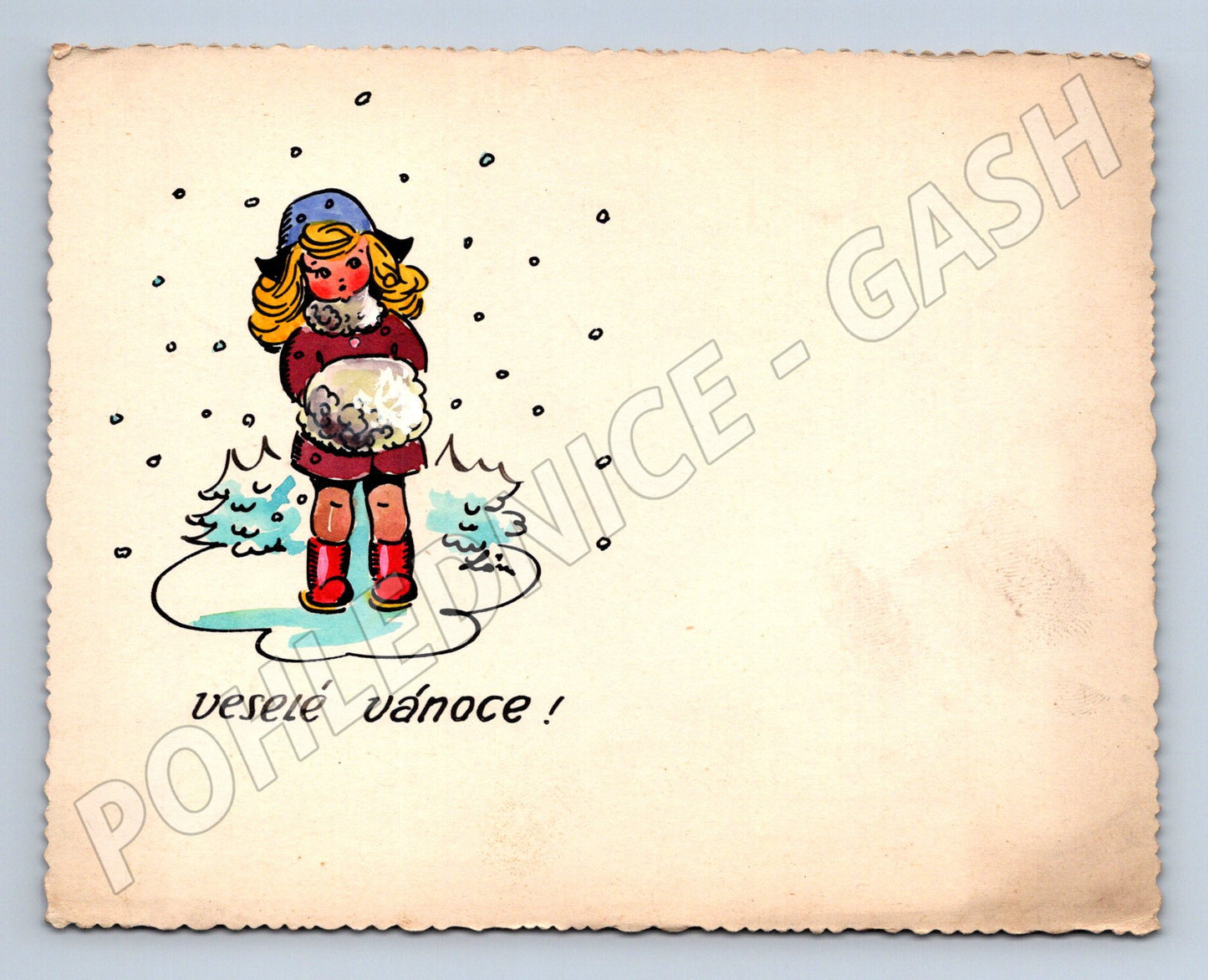 Holčička se sněhovou koulí vánoční pohled (M8544)