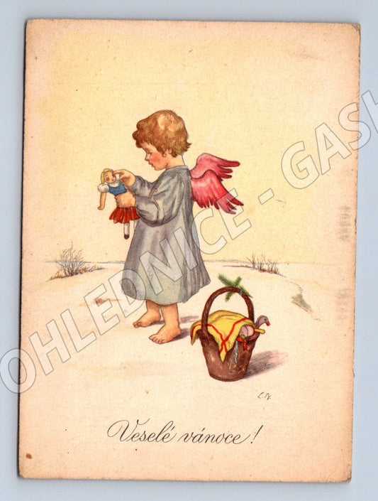 Anděl s dárky vánoční pohlednice ČSR (M8548)