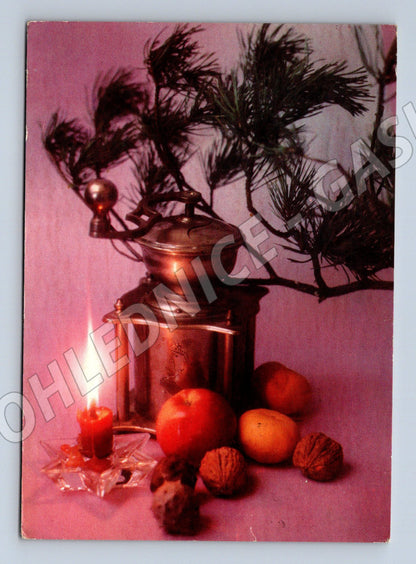 Vánoční ČSR 1966 svíčka ovoce ořechy (M8589)