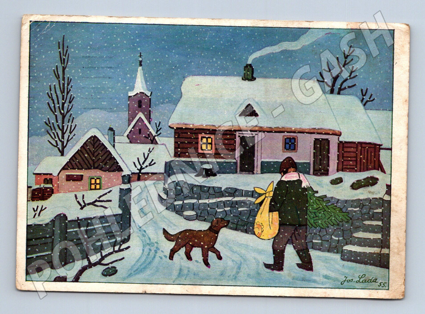 Pohlednice Josef Lada zimní vesnice 1964 Vánoce (M8609)