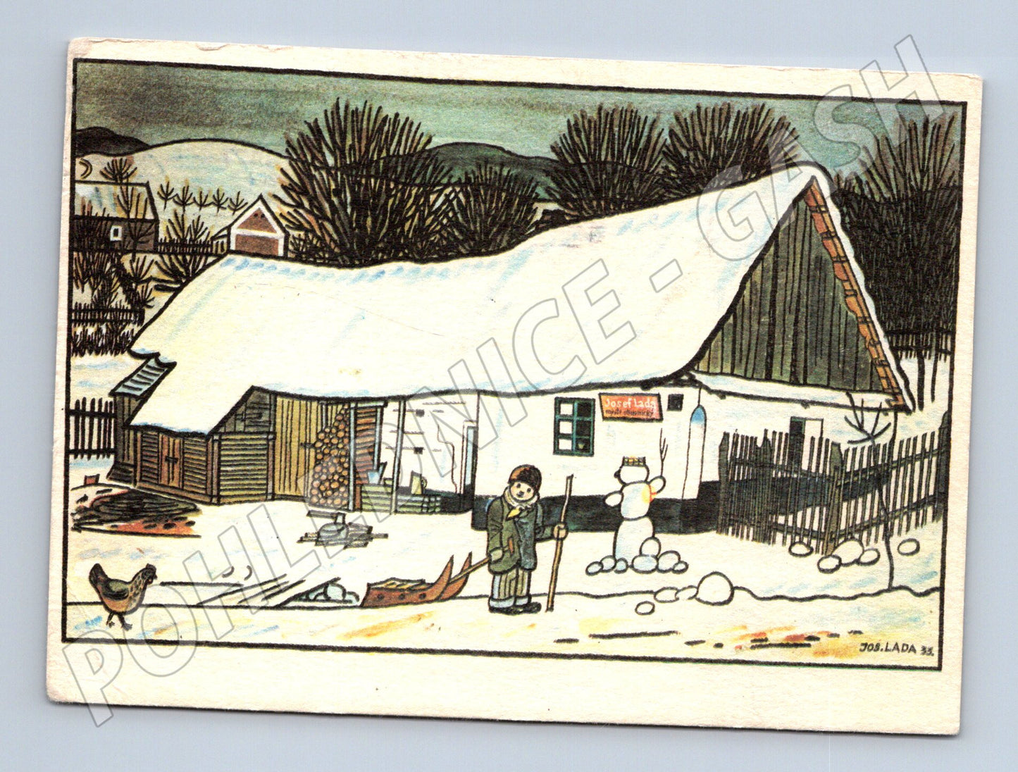 Pohlednice Josef Lada zimní vesnice 1977 kolorovaná (M8613)