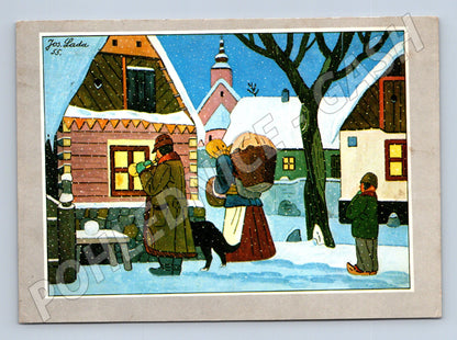 Pohlednice Josef Lada zimní vesnice 1953 kolorovaná (M8615)