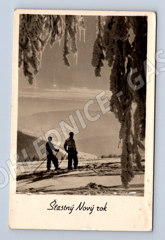 Pohlednice Šťastný nový rok běžkaři do 1950 (M8632)