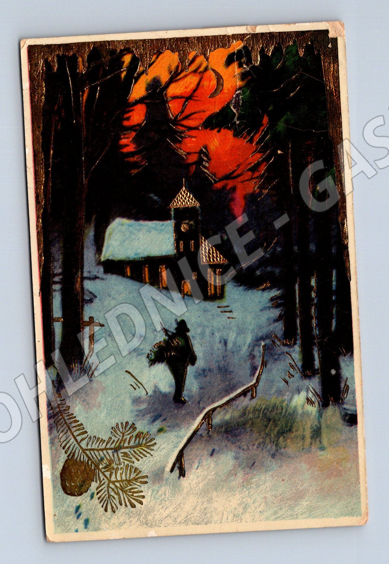 Pohlednice Vánoce zasněžená krajina zlacená (M8637)