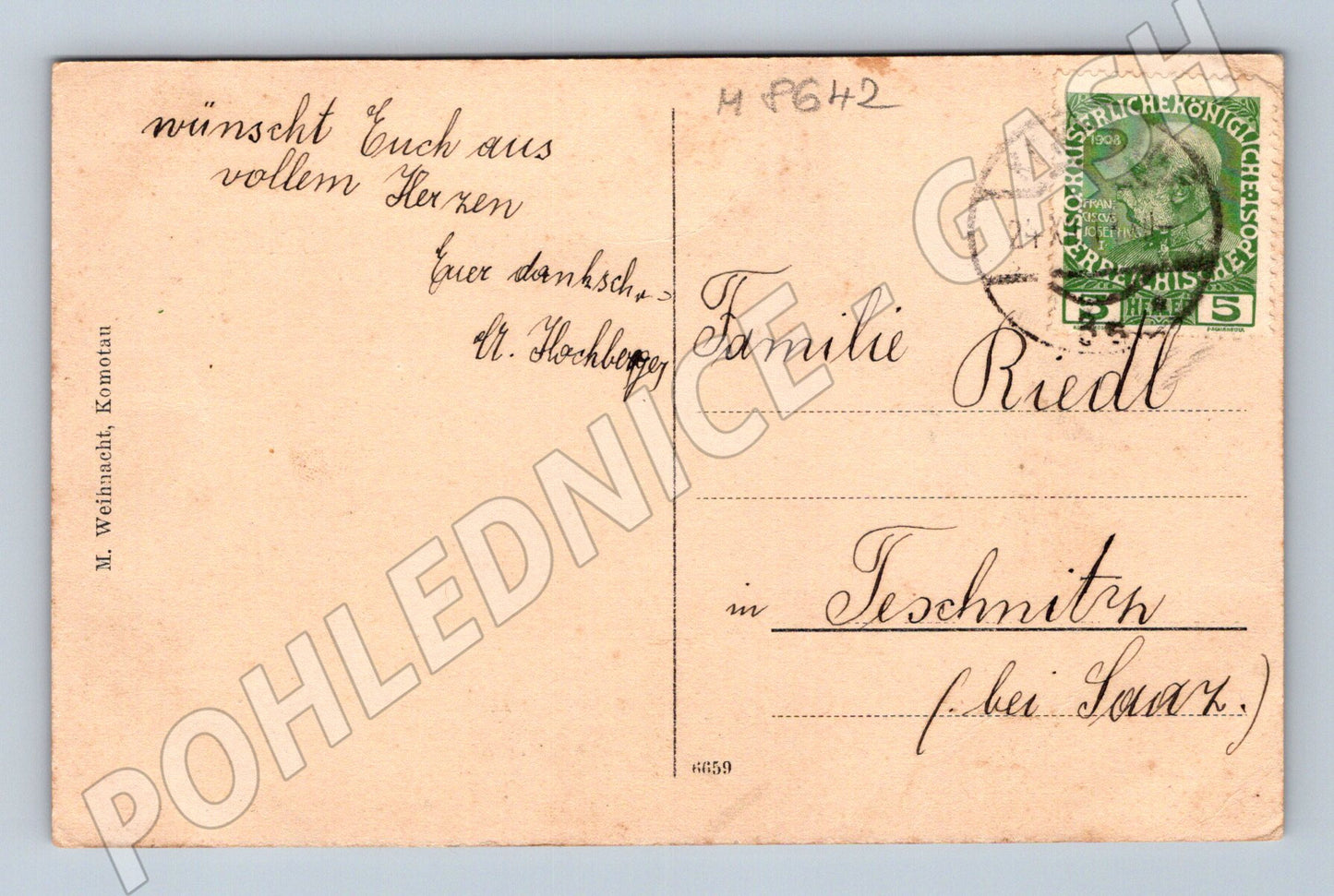 Pohlednice Vánoce Komotau RU 1908 malý formát (M8642)