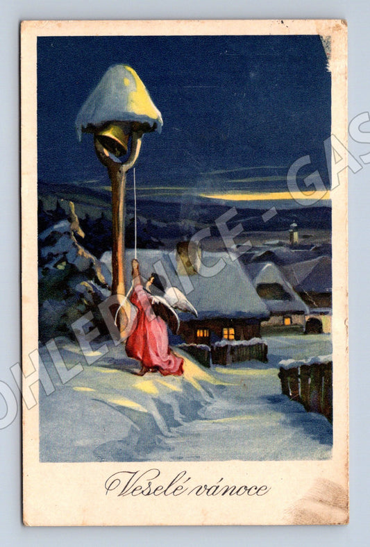 Pohlednice Vánoce 1937 anděl vesnice malý formát (M8647)
