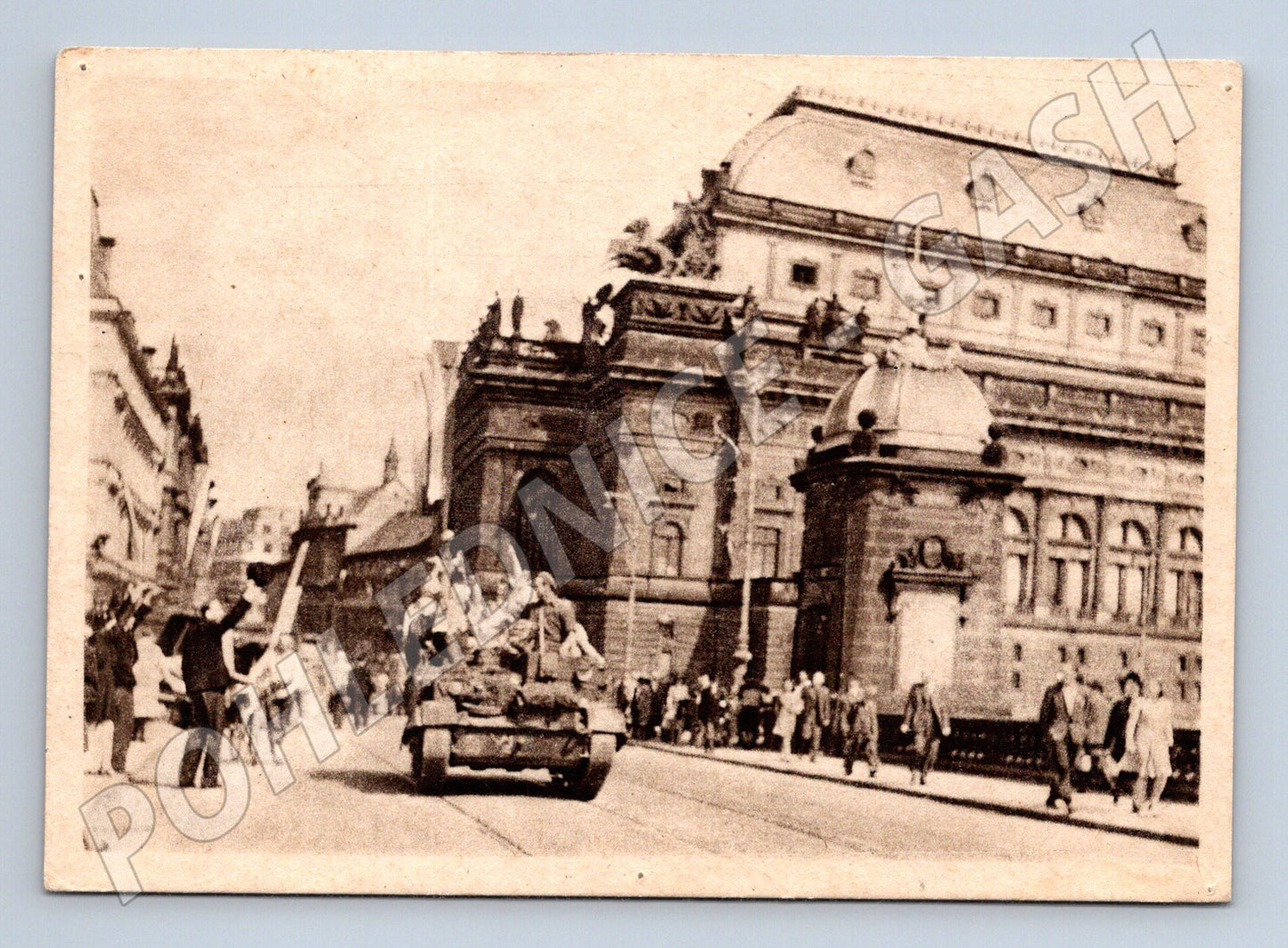 Postcard Russian tank at the National Theatre Prague WWII (M8702)