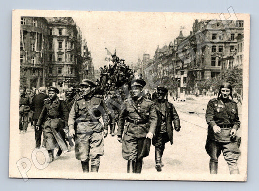 Postcard First Russian Tanks Wenceslas Square 1945 (M8749)