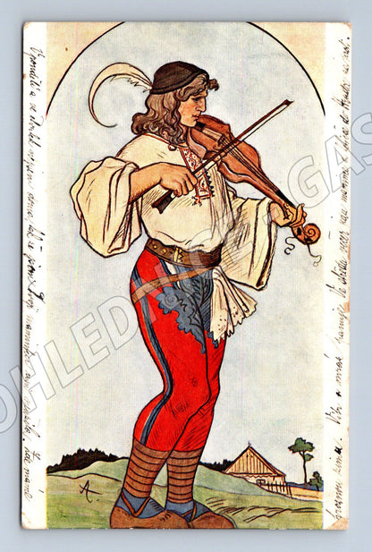 Pohlednice houslista v kroji etno 1908 (M8876)