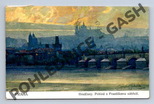 Pohlednice Praha Hradčany Františkovo nábřeží akvarel Šetelík (M889)
