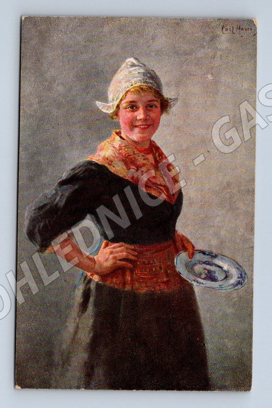 Postcard Dutchwoman with plate Haver ethno (M8897)