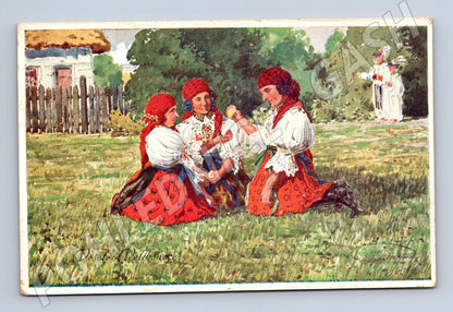 Pohlednice Velikonoce venkov kroje kraslice 1909 (M8911)