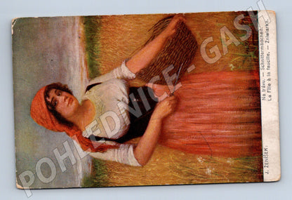 Postcard J Ženíšek On the grass Schnitttermädchen (M8913)