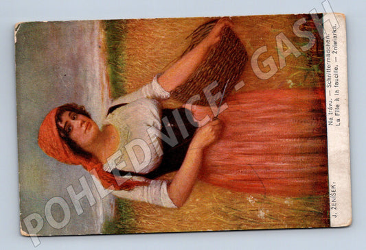 Postcard J Ženíšek On the grass Schnitttermädchen (M8913)
