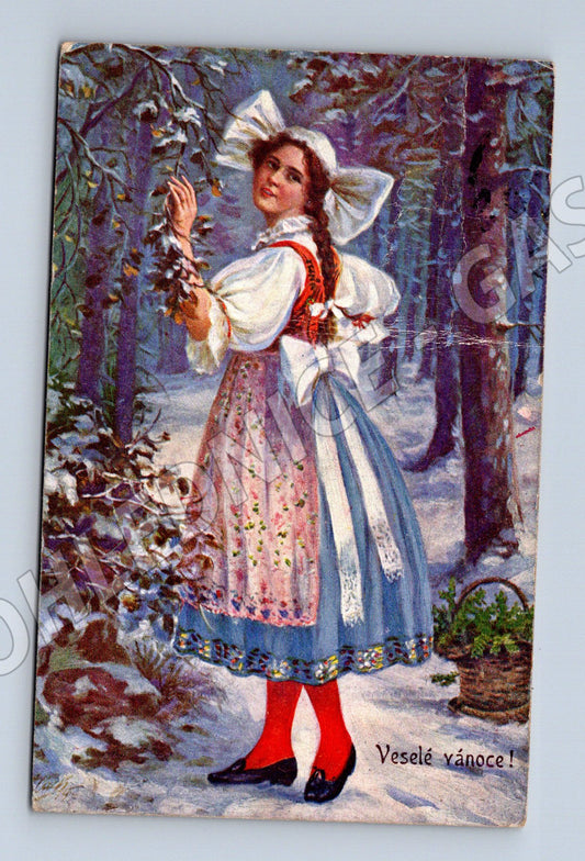 Pohlednice Vánoce česká dívka v kroji do 1950 (M8934)