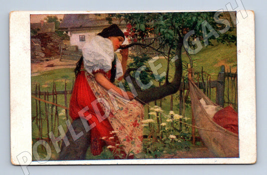 Pohlednice vesnická scéna kolébka kroj etno (M8935)