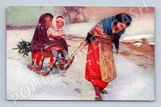 Pohlednice Vánoce Chodsko 1917 zimní kroje (M8937)