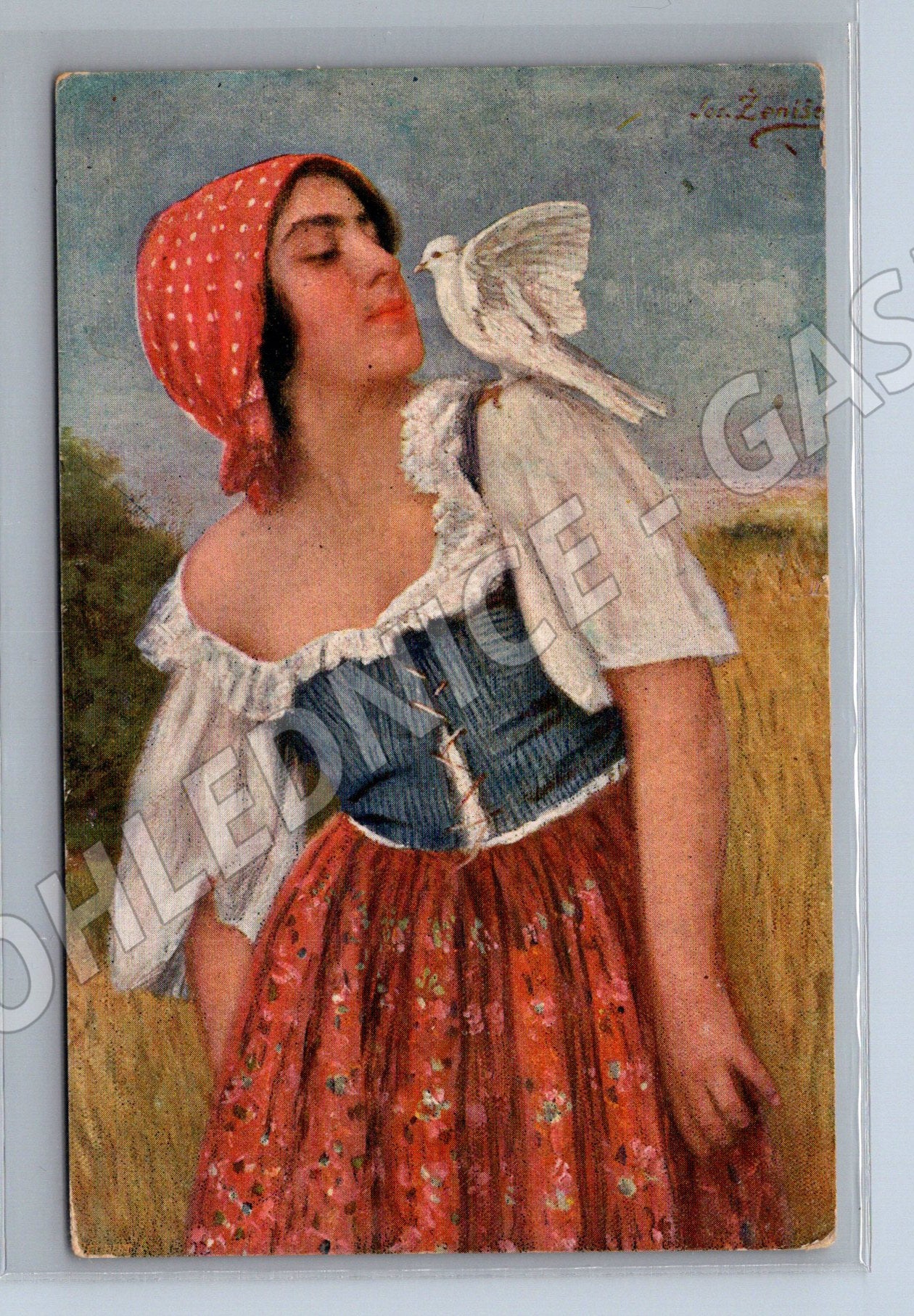 Postcard woman in traditional costume with a dove J Ženíšek (M8938)