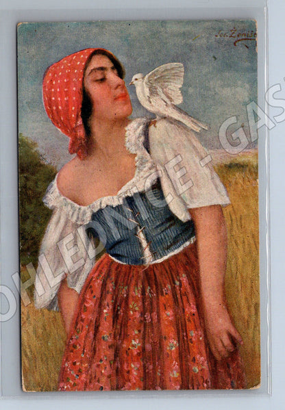 Postcard woman in traditional costume with a dove J Ženíšek (M8938)