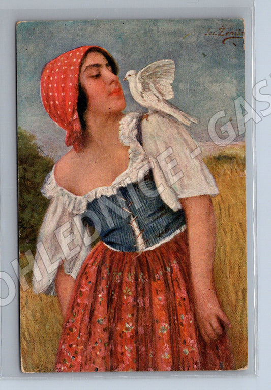 Pohlednice žena v kroji s holubicí J Ženíšek (M8938)