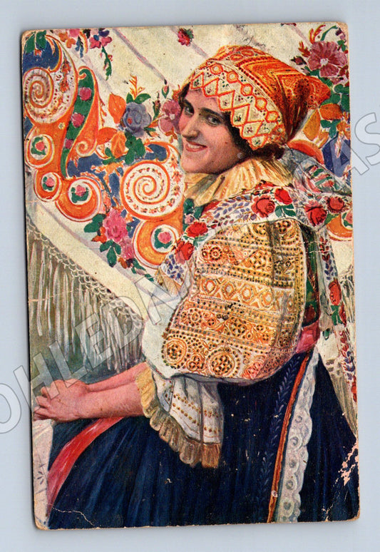 Pohlednice žena v kroji 1914 RU známka (M8948)