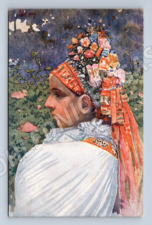 Pohlednice Uprka Vázání šátku Nevěsta H Lhota (M8955)