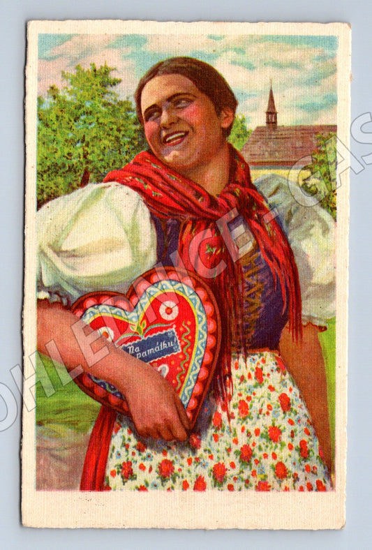 Pohlednice dívka v kroji perníkové srdce (M8960)