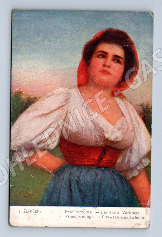 Pohlednice dívka v kroji J Šenšek RU polepsaná (M8961)