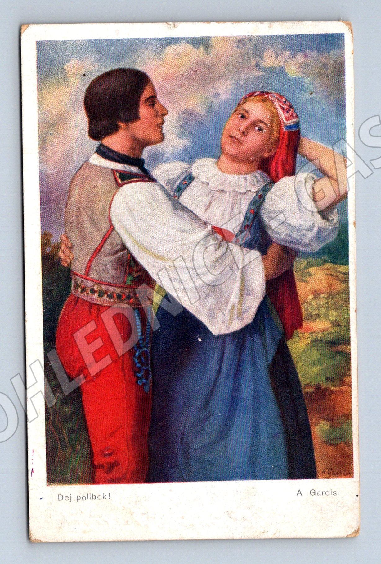 Postcard Give a kiss couple in traditional costume 1916 (M8975)
